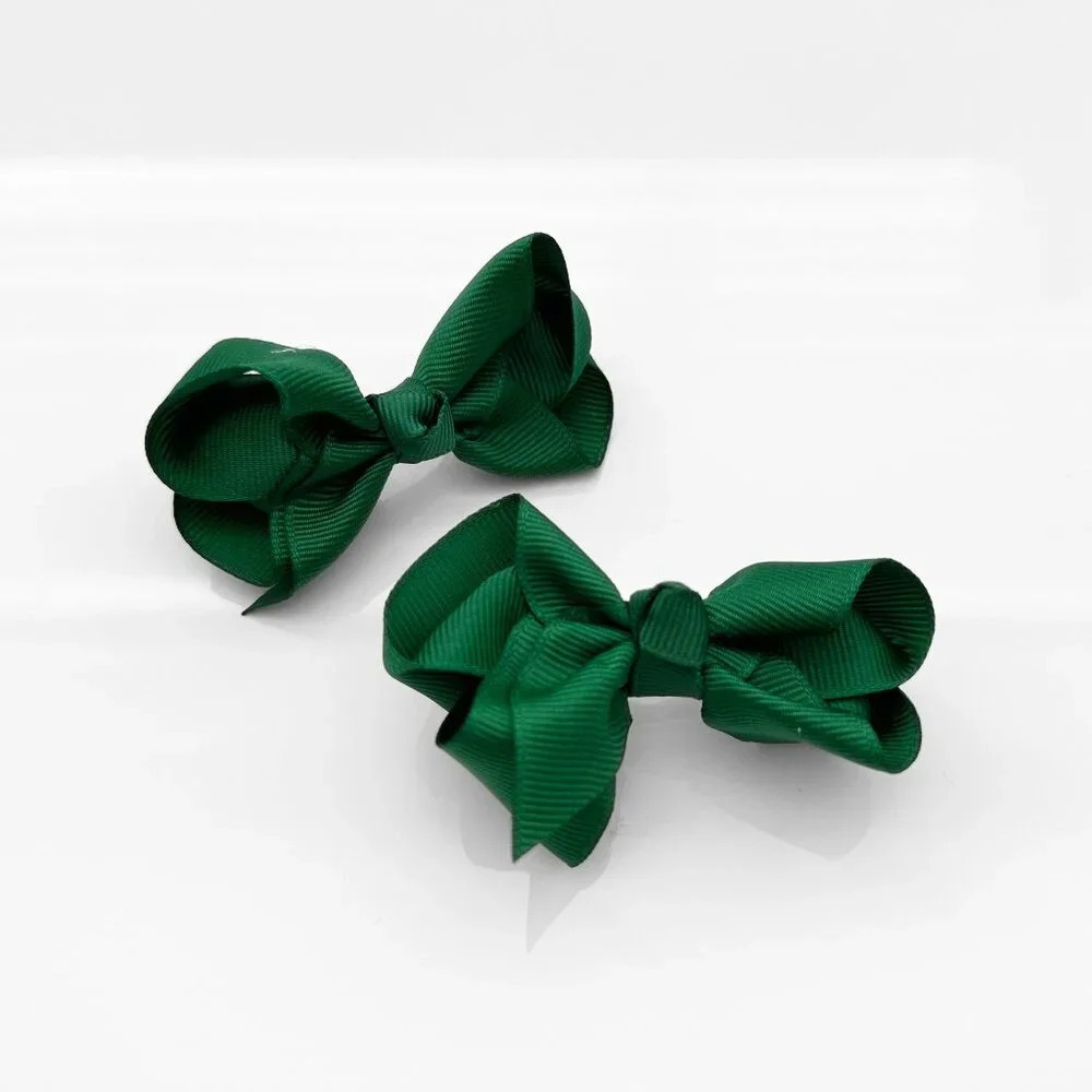 Set of 2 Pretty Girls Hair Bows Grosgrain Ribbon Hair Clips Accessory Dark Green - Picture 2 of 5
